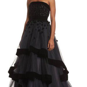 MAC DUGGAL 66346D FLORAL VELVET TRIM STRAPLESS BALL-GOWN sz 0